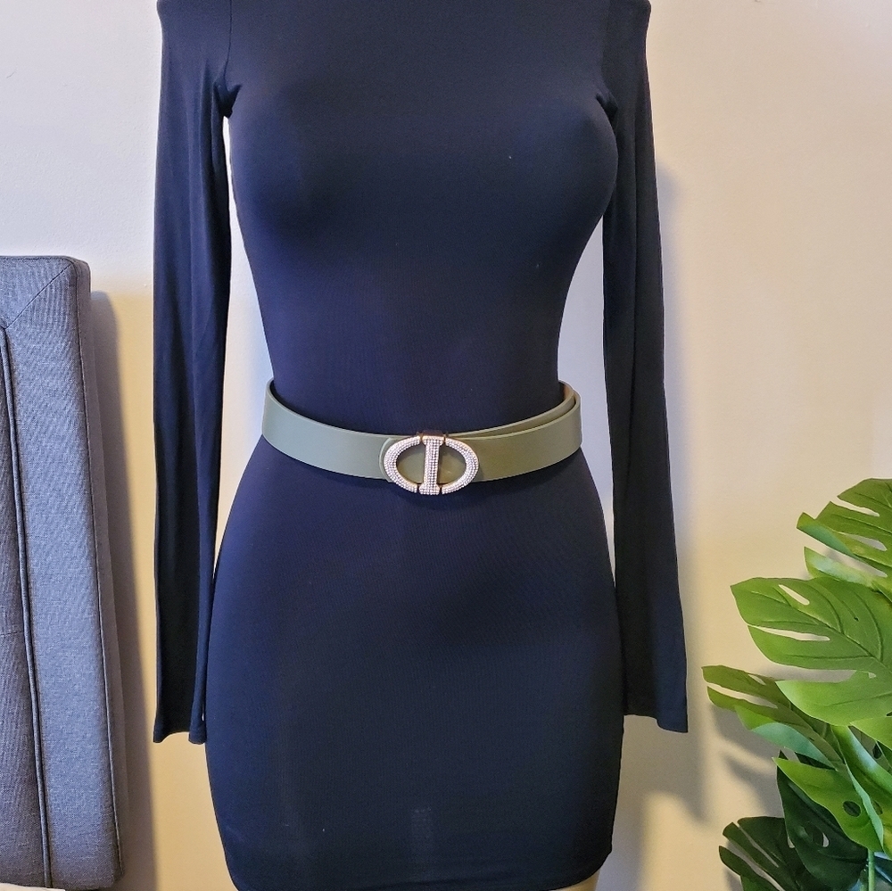 Olive Green Faux Leather Rhinestones Buckle Tan Belt 43" Long